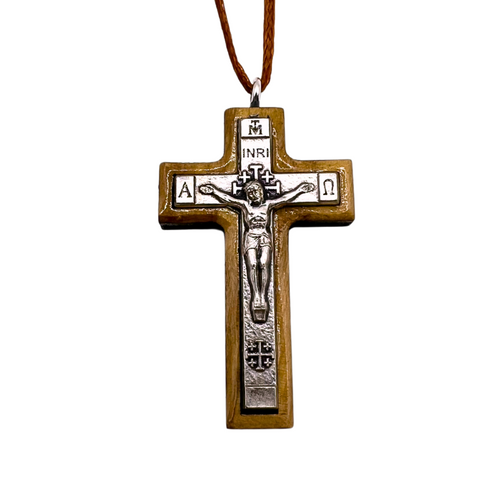 Holy Land Olive Wood Pendant with Metal Crucifix