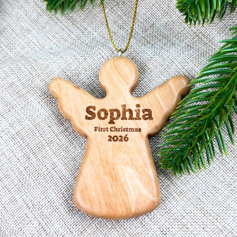 Personalized Holy Land Olive Wood Angel Christmas Ornament