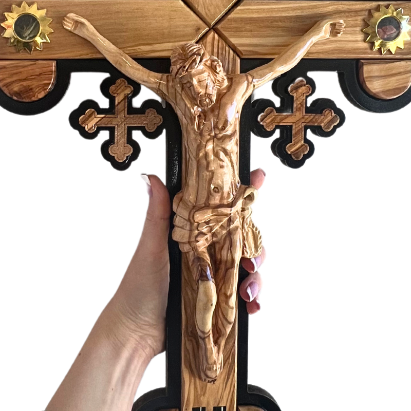 Extra Large Olive Wood Trefoil Crucifix with Carved Jesus