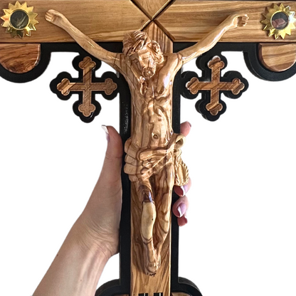 Extra Large Olive Wood Trefoil Crucifix with Carved Jesus