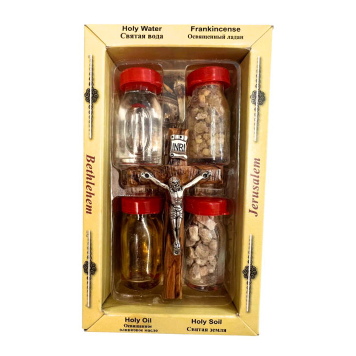 Holy Land Set (Holy Water, Holy Soil, Anointing Oil, Holy Incense & Olive Wood Crucifix) - Holy Land Sets