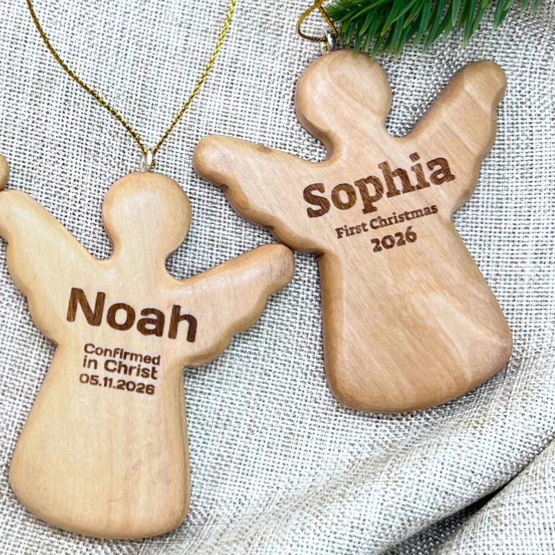 Personalized Holy Land Olive Wood Angel Christmas Ornament