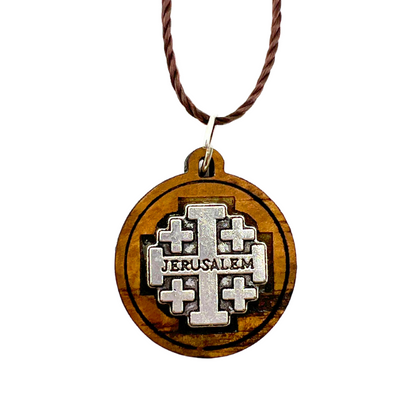 NEW* Holy Land Olive Wood Jerusalem Pendant with Metal Cross