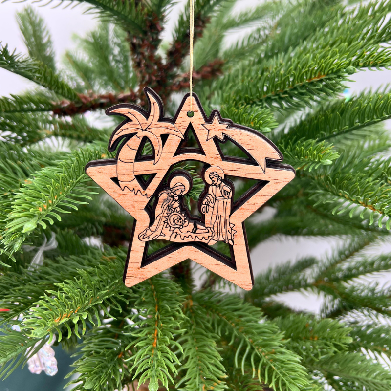 *NEW Olive Wood Bethlehem Star Christmas Nativity Ornament