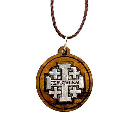 Holy Land Olive Wood Jerusalem Pendant with Metal Cross