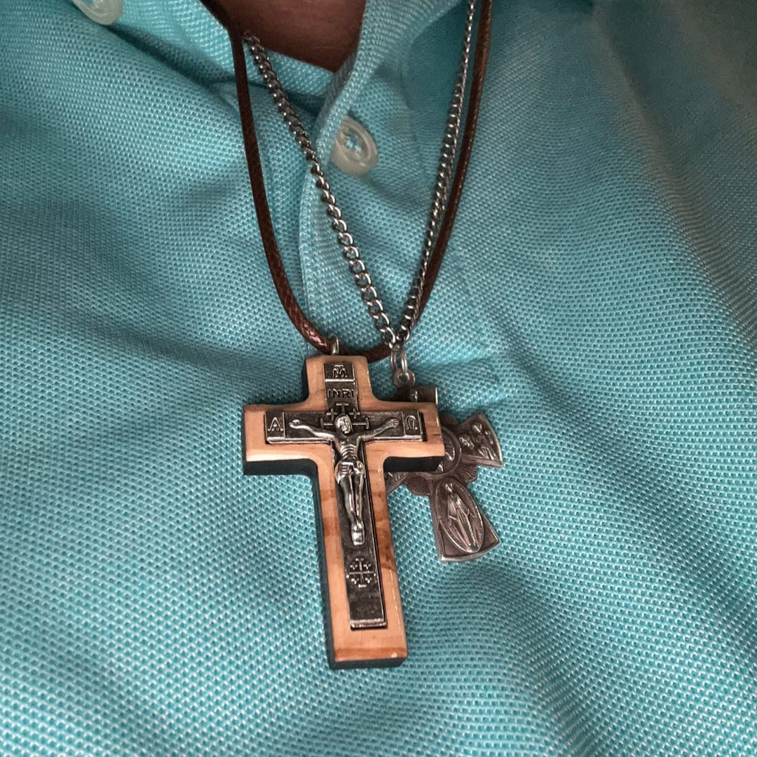 Holy Land Olive Wood Pendant with Metal Crucifix