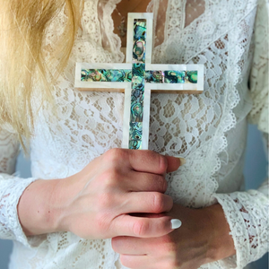 Olive Wood Cross (Fully covered with Mother of Pearl, white exterior) - Holy Land Crosses