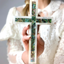 Load image into Gallery viewer, Olive Wood Cross (Fully covered with Mother of Pearl, white exterior)