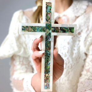 Olive Wood Cross (Fully covered with Mother of Pearl, white exterior) - Holy Land Crosses