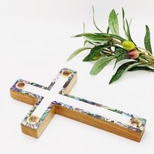 Load image into Gallery viewer, Olive Wood Cross (Fully covered with Mother of Pearl, white interior w/ 4 glasses) - Holy Land Crosses