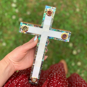 Olive Wood Cross (Fully covered with Mother of Pearl, white interior w/ 4 glasses) - Holy Land Crosses