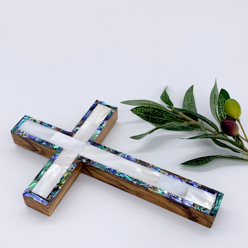 Olive Wood Cross (Fully covered with Mother of Pearl, white interior) - Holy Land Crosses