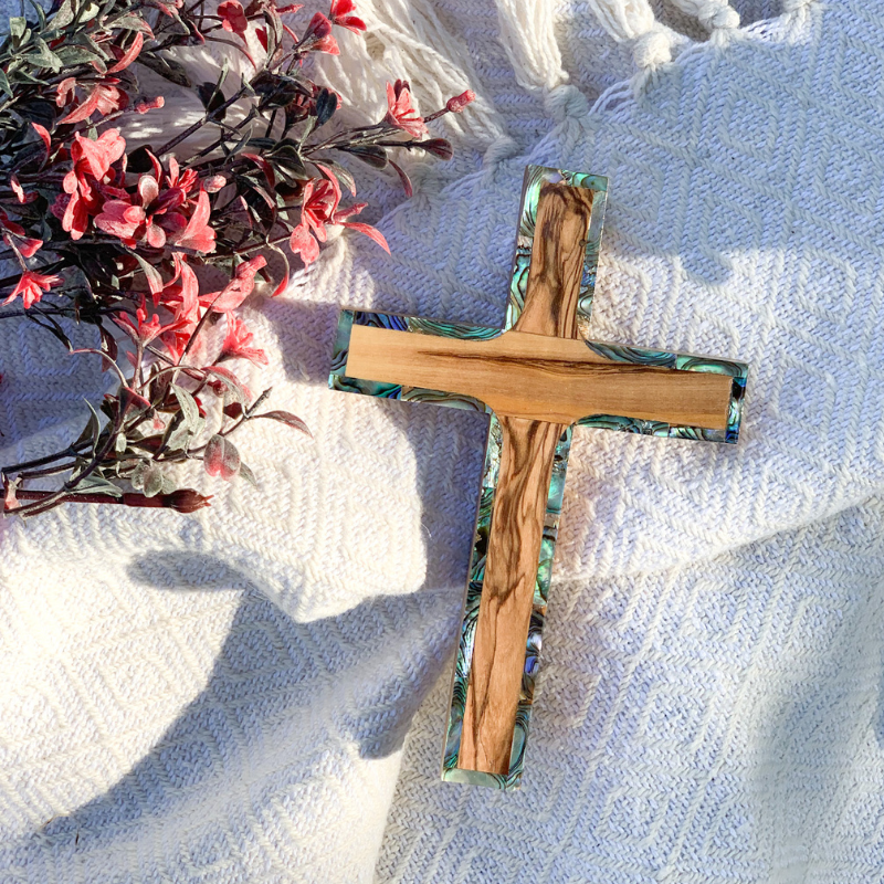 Olive Wood Cross with Mother of Pearl Borders - Holy Land Crosses