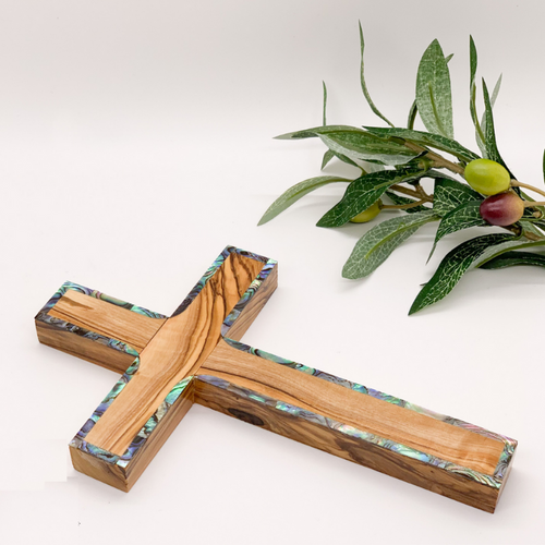 Olive Wood Cross with Mother of Pearl Borders - Holy Land Crosses