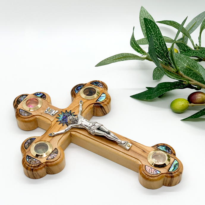 Olive Wood Crucifix (Partially covered with Mother of Pearl) - Holy Land Crucifixes