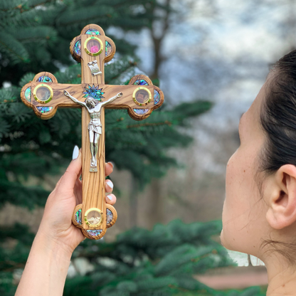 Olive Wood Crucifix (Partially covered with Mother of Pearl) - Holy Land Crucifixes