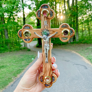 Olive Wood Crucifix (Partially covered with Mother of Pearl) - Holy Land Crucifixes
