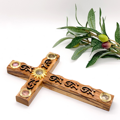 Olive Wood Floral Wall Cross (With Star of Bethlehem) - Holy Land Crosses