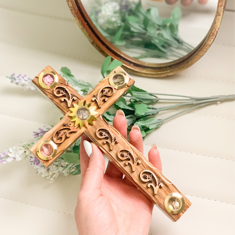 Olive Wood Floral Wall Cross (With Star of Bethlehem) - Holy Land Crosses