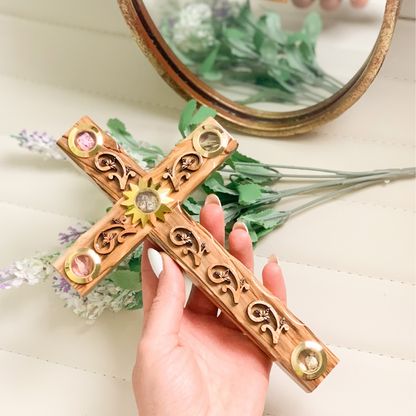 Olive Wood Floral Wall Cross (With Star of Bethlehem) - Holy Land Crosses