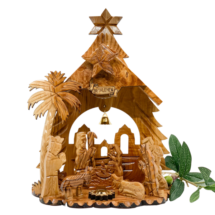 Olive Wood Nativity Scene with Music Box (8x6 inches)