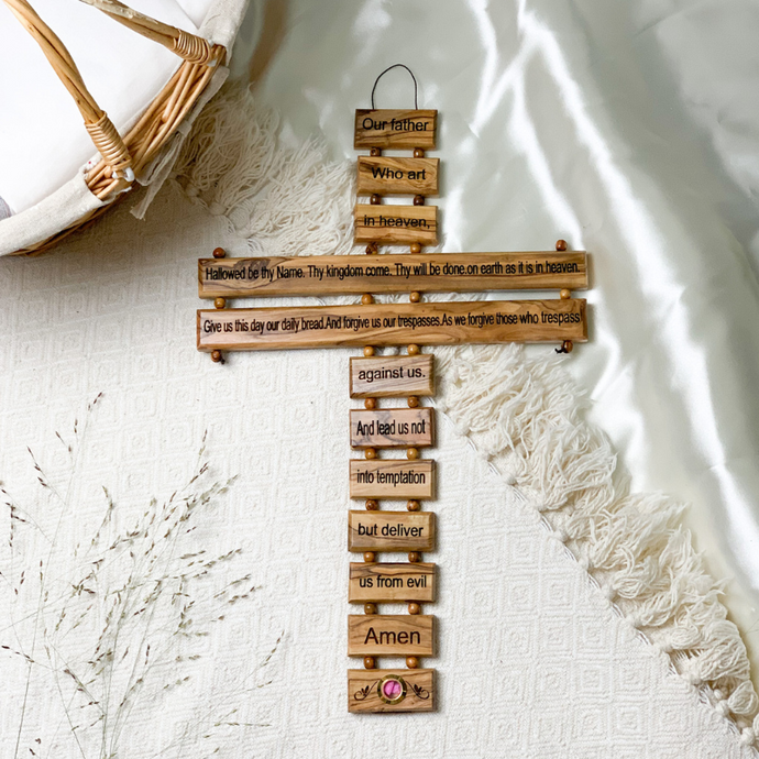Large Olive Wood Cross with Lord's Prayer - Holy Land Crosses