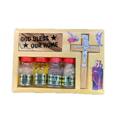 Holy Land Set ( Holy Water, Holy Soil, Anointing Oil, Holy Incense, Olive Wood Crucifix, God Bless Our Home Sign) - Holy Land Sets